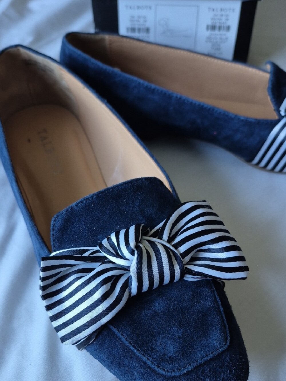 Talbots Navy Suede Loafers with Black-and-White Striped Bow